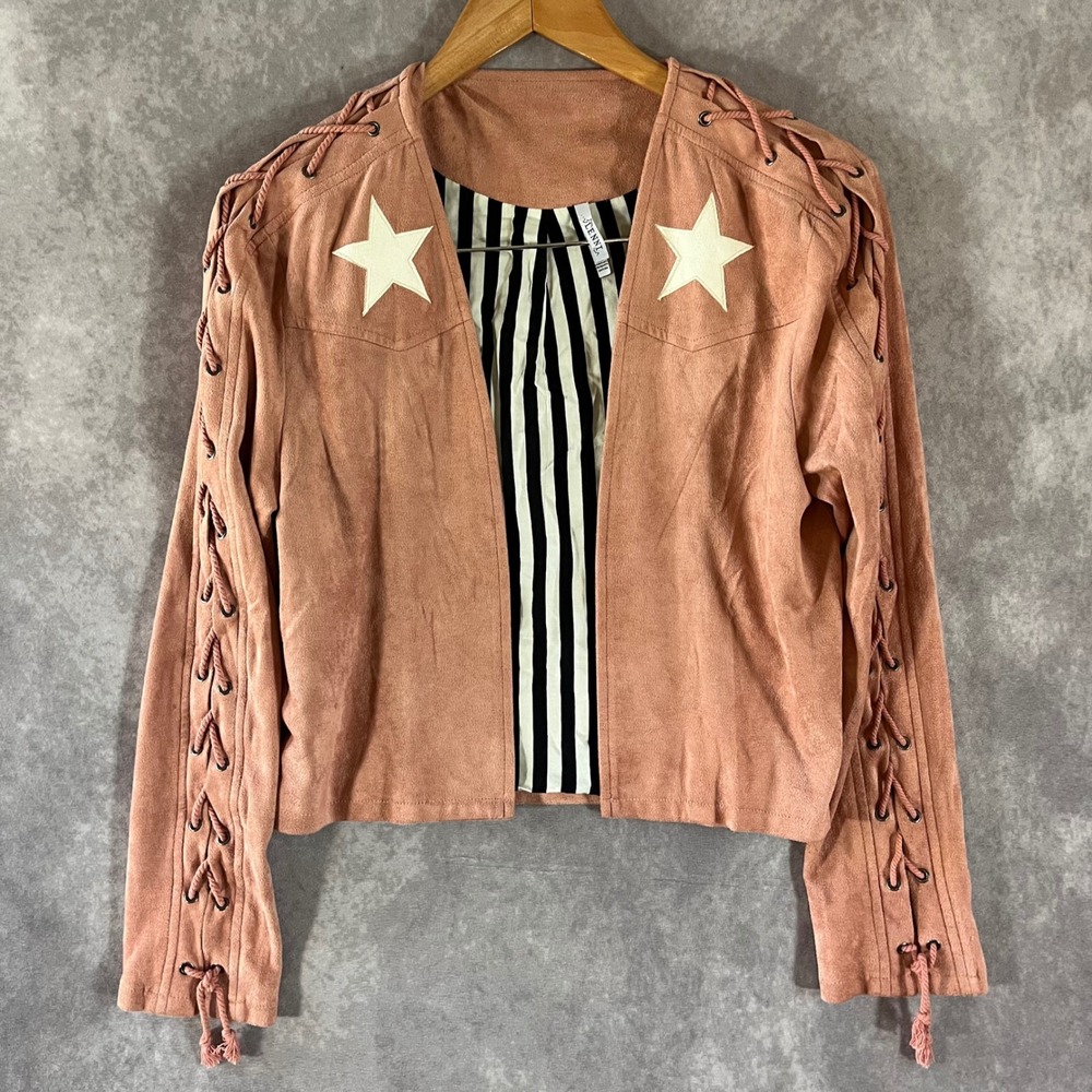LENNI The Label Faux Suede Jacket Women S Pink Star Lightning Bolt Lace‎ Sleeve